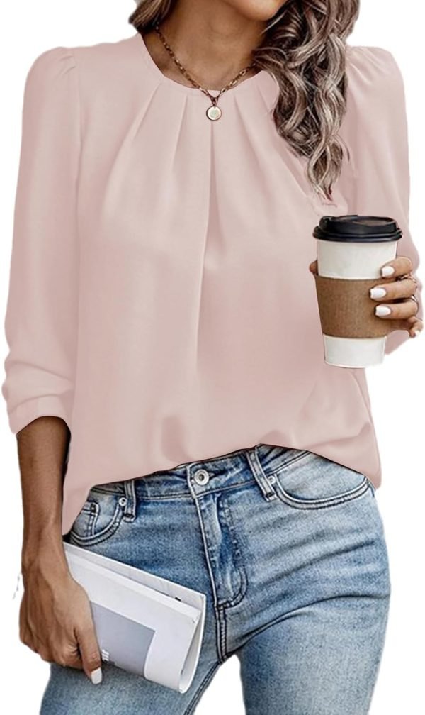 Womens Tops Dressy Casual Pleated Crew Neck Long Sleeve Shirts Office Work Chiffon Blouses