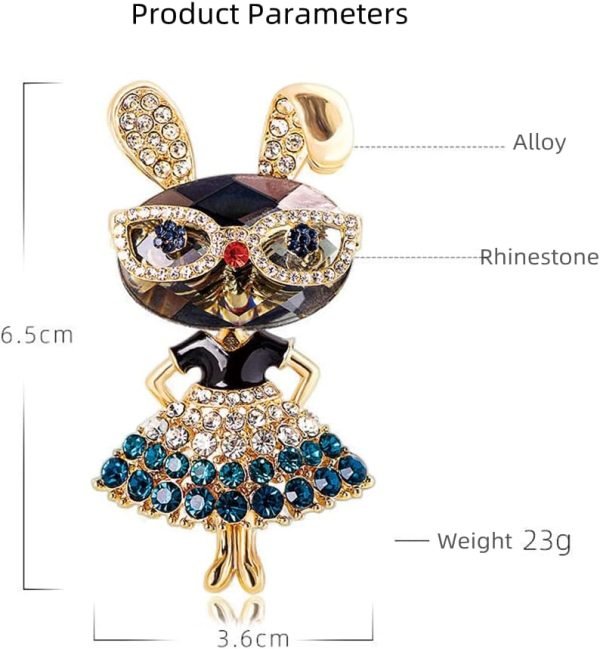 Rhinestone Lady Rabbit Brooch Pin for Women Girls Fashion Crystal Bunny Animal Brooches Lapel Pins Dainty Cute Christmas Graduation Honors Day Easter Jewelry Gift for Daughter Teacher Students