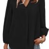 Women's Long Sleeve V Neck Shirt Dressy Pleated Top Casual Loose Chiffon Blouses