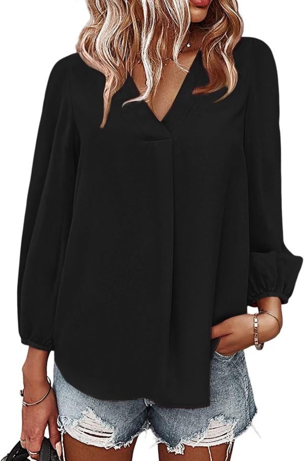 Women's Long Sleeve V Neck Shirt Dressy Pleated Top Casual Loose Chiffon Blouses
