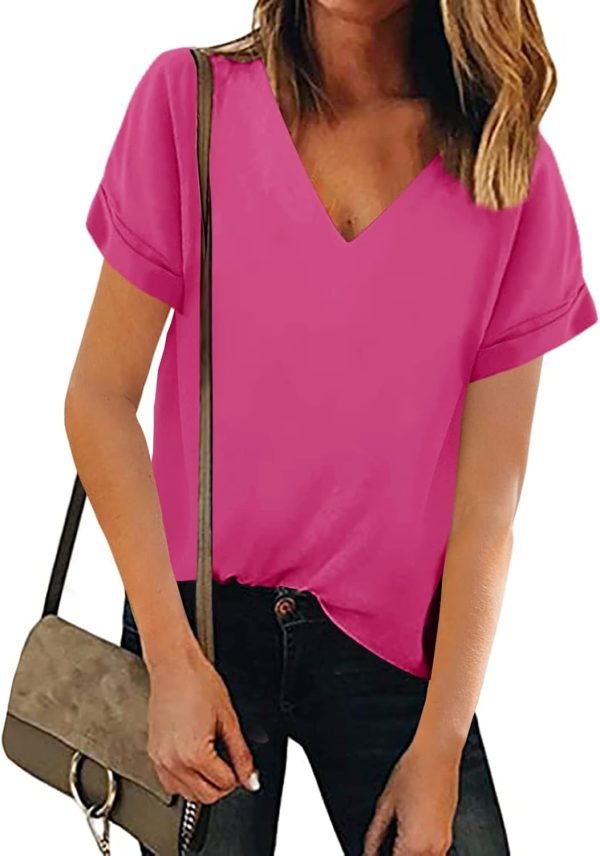 Women V Neck Chiffon Blouse Short Sleeve Summer Casual Loose Shirt Tops