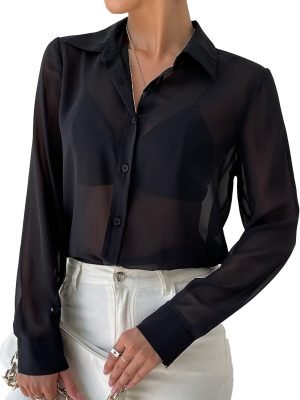 61lOF_WUjlL._AC_SL1500 Women's Sheer Mesh Button Up Shirt Long Sleeve See Through Blouse