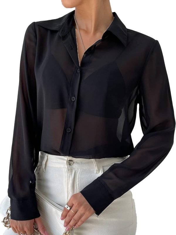 61lOF_WUjlL._AC_SL1500 Women's Sheer Mesh Button Up Shirt Long Sleeve See Through Blouse