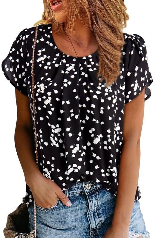 Women's Casual Round Neck Basic Pleated Tops Short Sleeve Loose Fit Curved Keyhole Back Chiffon Blouses Tshirts