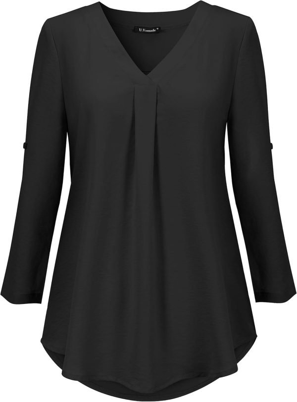 U.Vomade Women's 3/4 Cuffed Sleeve Chiffon V Neck Casual Shirts for Women S-XL