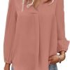 Women's Long Sleeve V Neck Shirt Dressy Pleated Top Casual Loose Chiffon Blouses
