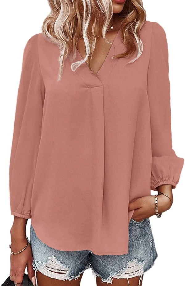 Women's Long Sleeve V Neck Shirt Dressy Pleated Top Casual Loose Chiffon Blouses