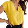 Women's V Neck Chiffon Blouses Cap Sleeve Shirts Casual Loose Work Office Solid Tops