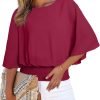 Womens Solid Short Sleeve Boat Crew Neck Chiffon Blouses 3/4 Sleeve Casual Dressy Shirts Batwing Dolman Top Tunic