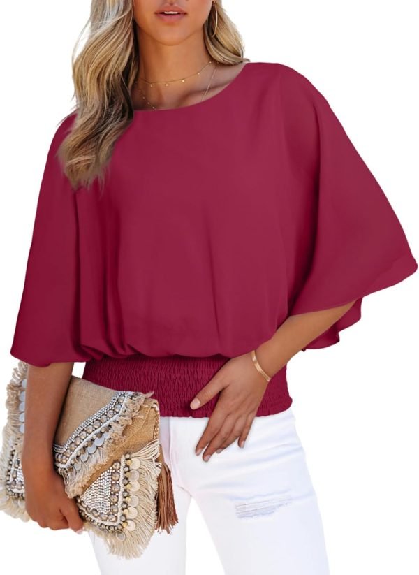 Womens Solid Short Sleeve Boat Crew Neck Chiffon Blouses 3/4 Sleeve Casual Dressy Shirts Batwing Dolman Top Tunic