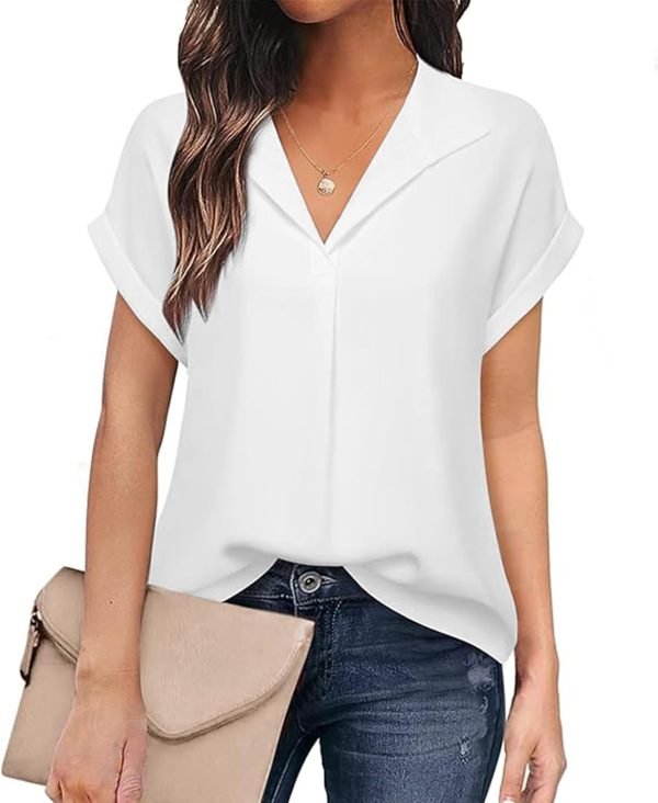 Women's Bat Wing V Neck Short Sleeve Chiffon Blouses for Office Work Business Attire Collared Casual Summer Shirts