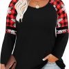Plus Size T Shirt for Women Long Sleeve Raglan Tops Tee Shirts Color Block Top Leopard Plaid Print XL-5XL 14W-28W