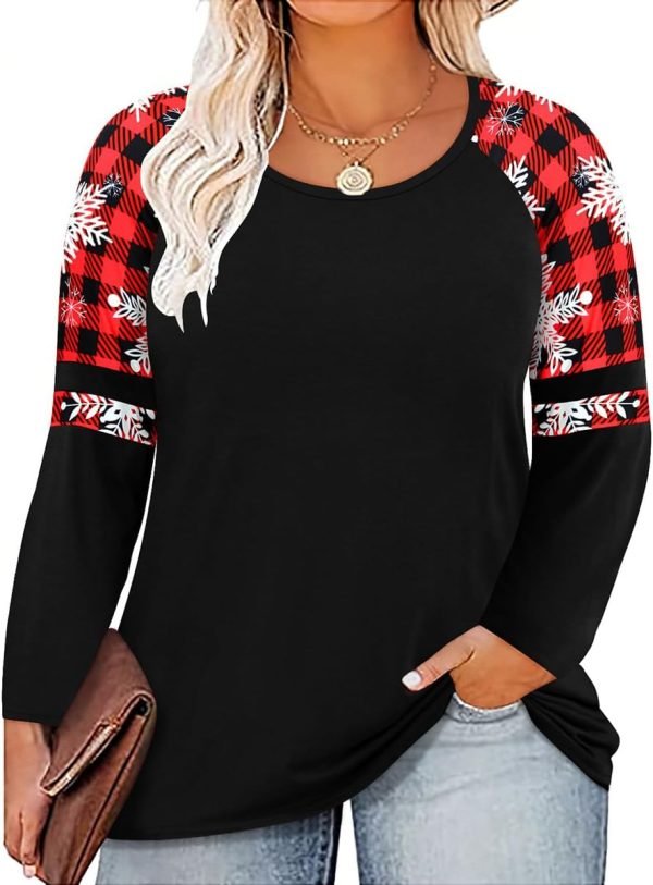 Plus Size T Shirt for Women Long Sleeve Raglan Tops Tee Shirts Color Block Top Leopard Plaid Print XL-5XL 14W-28W