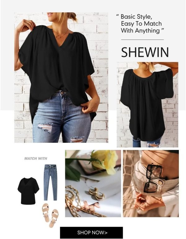 Womens Casual V Neck Loose 3/4 Bell Sleeve Chiffon Blouse Shirt Pleated Flowy Tunic Tops