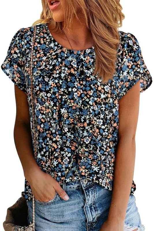 Women's Casual Round Neck Basic Pleated Tops Short Sleeve Loose Fit Curved Keyhole Back Chiffon Blouses Tshirts