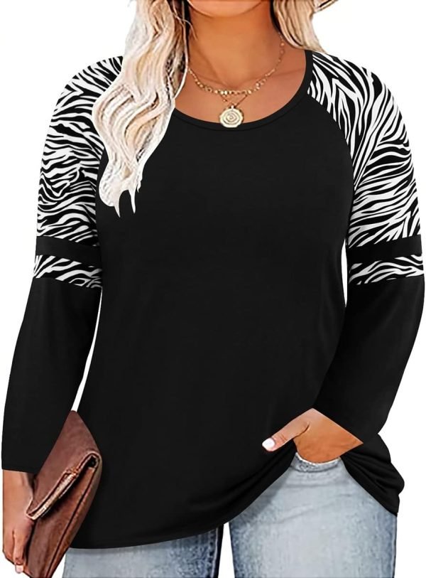 Plus Size T Shirt for Women Long Sleeve Raglan Tops Tee Shirts Color Block Top Leopard Plaid Print XL-5XL 14W-28W