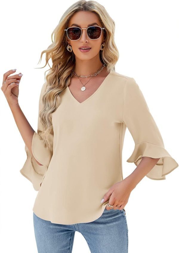 Chiffon Blouses for Women Ruffle 3/4 Sleeve Dressy V Neck Casual Flowy Tunic Tops