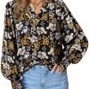 61ouduFaQrL._AC Women's Casual V Neck Easel Floral Print Long Sleeve Blouses Smocked Button Down Shirts Bohemian Top