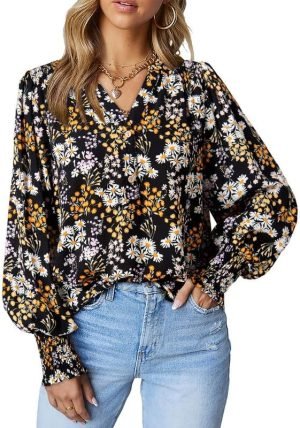 61ouduFaQrL._AC Women's Casual V Neck Easel Floral Print Long Sleeve Blouses Smocked Button Down Shirts Bohemian Top