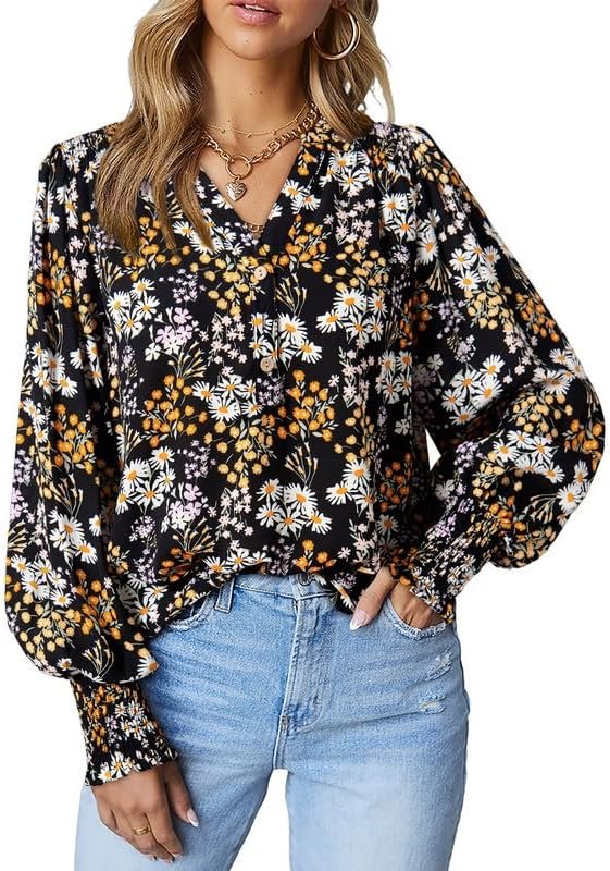 61ouduFaQrL._AC Women's Casual V Neck Easel Floral Print Long Sleeve Blouses Smocked Button Down Shirts Bohemian Top