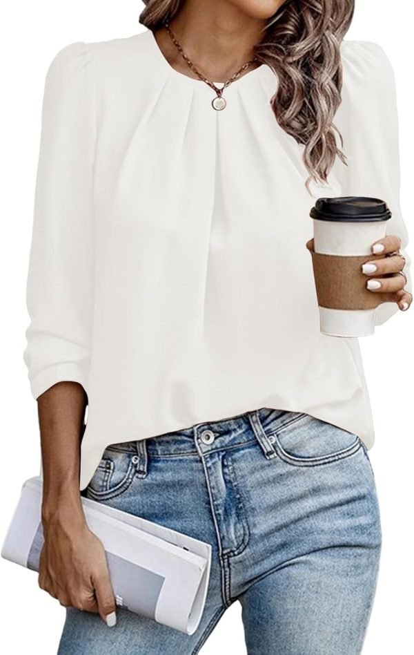 Womens Tops Dressy Casual Pleated Crew Neck Long Sleeve Shirts Office Work Chiffon Blouses