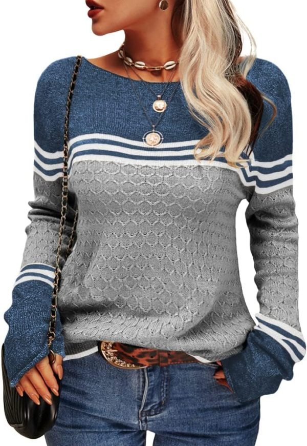 Women Autumn Winter Colorblock Pullover Sweaters Round Neck Striped Slim Fitting Knitwear Tops