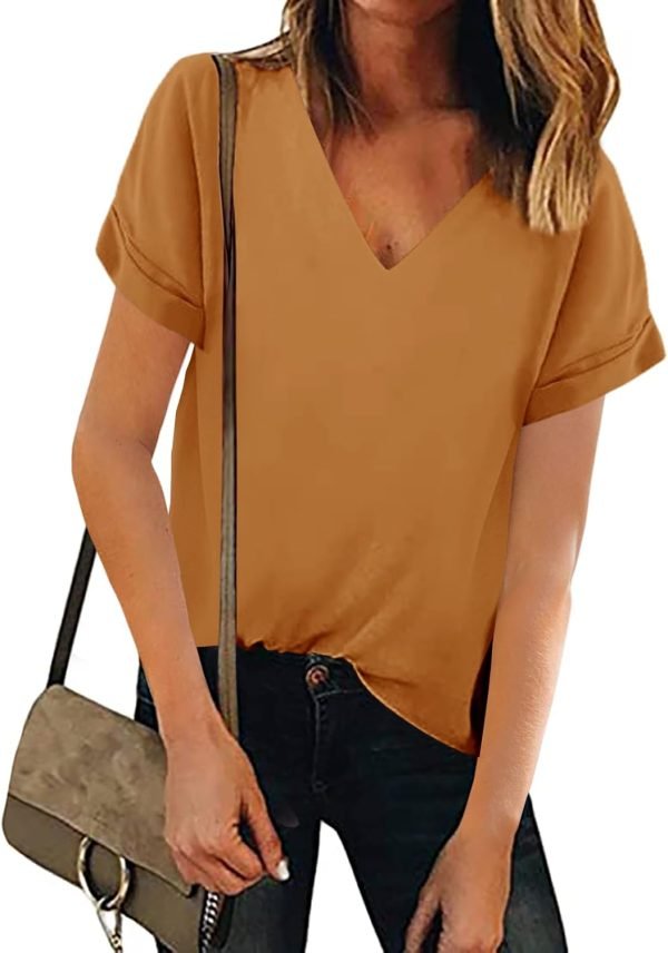 Women V Neck Chiffon Blouse Short Sleeve Summer Casual Loose Shirt Tops