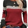 Women Autumn Winter Colorblock Pullover Sweaters Round Neck Striped Slim Fitting Knitwear Tops