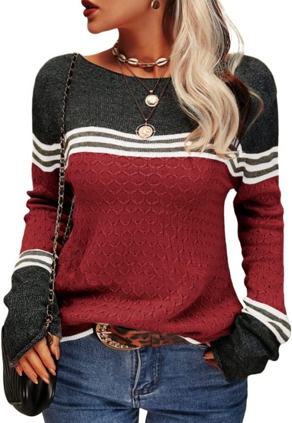 Women Autumn Winter Colorblock Pullover Sweaters Round Neck Striped Slim Fitting Knitwear Tops