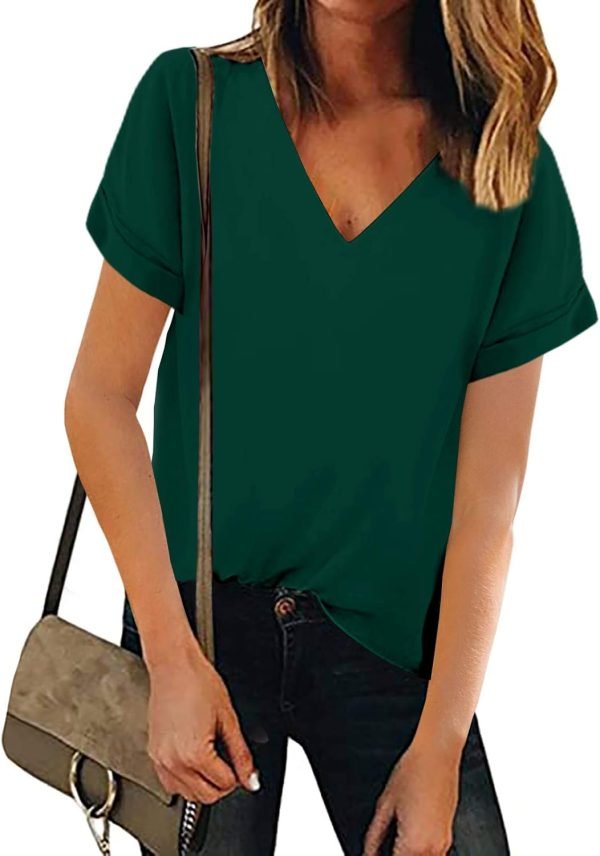 Women V Neck Chiffon Blouse Short Sleeve Summer Casual Loose Shirt Tops