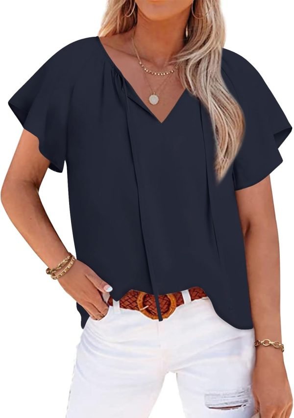 Womens 2024 Summer Tunic Tops Casual Short Sleeve Blouses V Neck Dressy Chiffon Boho Tshirts