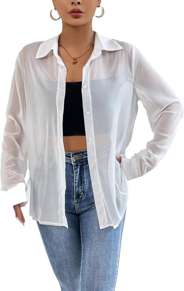 61rqcrhj7AL._AC_SL1500 Women's Sheer Mesh Button Up Shirt Long Sleeve See Through Blouse