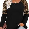 Plus Size T Shirt for Women Long Sleeve Raglan Tops Tee Shirts Color Block Top Leopard Plaid Print XL-5XL 14W-28W