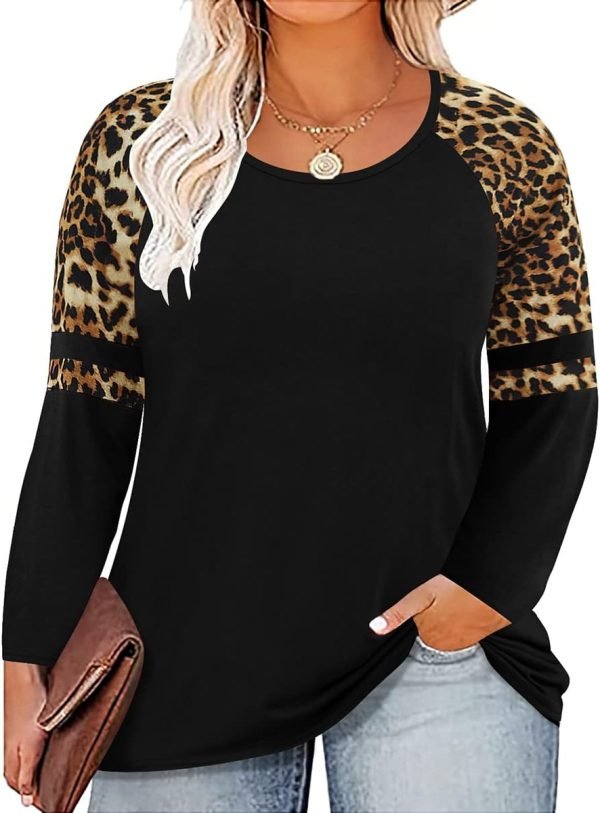 Plus Size T Shirt for Women Long Sleeve Raglan Tops Tee Shirts Color Block Top Leopard Plaid Print XL-5XL 14W-28W