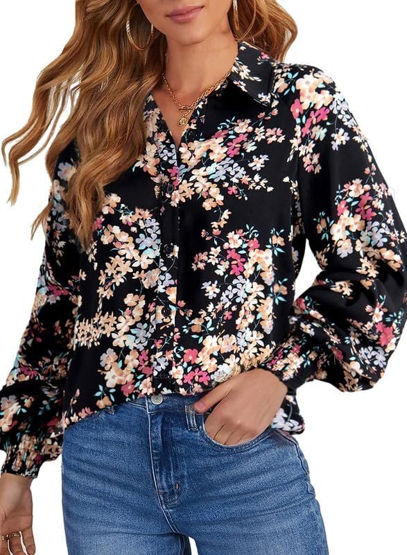 61sFLSNUaNL._AC Women's Casual V Neck Allover Floral Print Long Sleeve Chiffon Button Down Blouses Bohemian Top Shirts