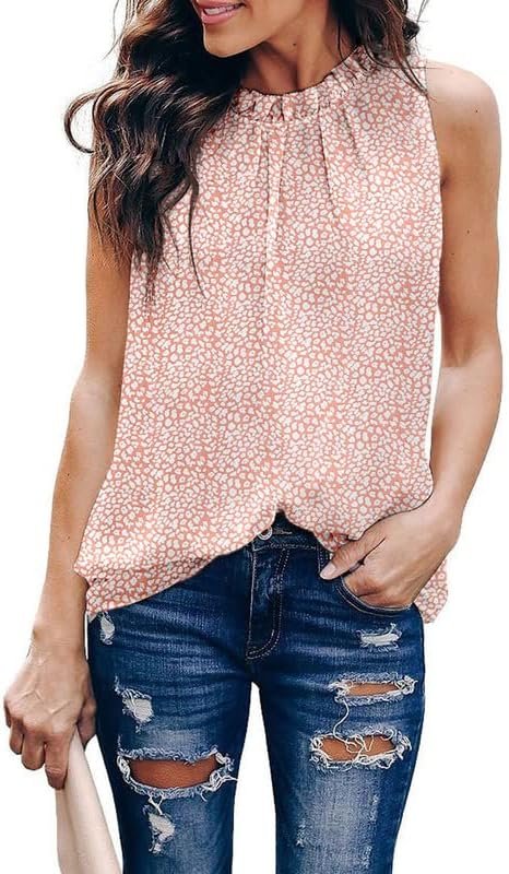 Womens Casual Sleeveless Shirts Halter Neck Leopard Print Tank Top and Blouses