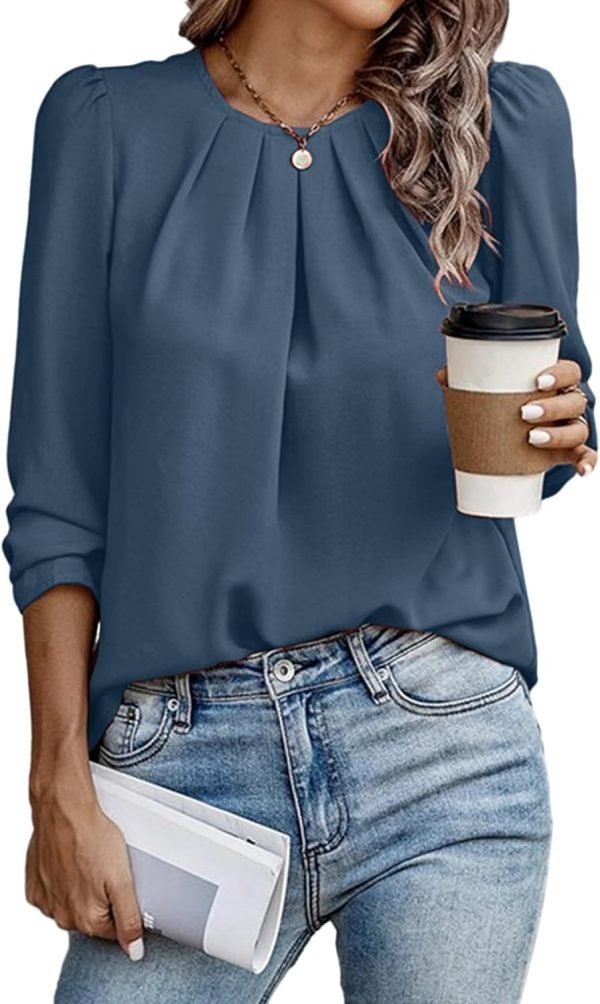 Womens Tops Dressy Casual Pleated Crew Neck Long Sleeve Shirts Office Work Chiffon Blouses