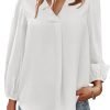 Women's Long Sleeve V Neck Shirt Dressy Pleated Top Casual Loose Chiffon Blouses