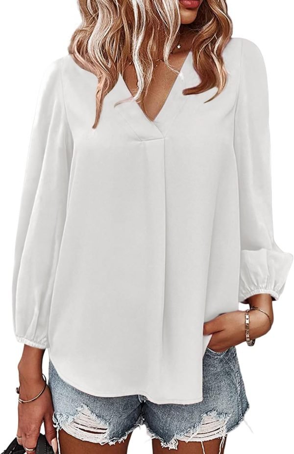 Women's Long Sleeve V Neck Shirt Dressy Pleated Top Casual Loose Chiffon Blouses