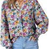 61smBoqucqL._AC Women's Casual V Neck Easel Floral Print Long Sleeve Blouses Smocked Button Down Shirts Bohemian Top