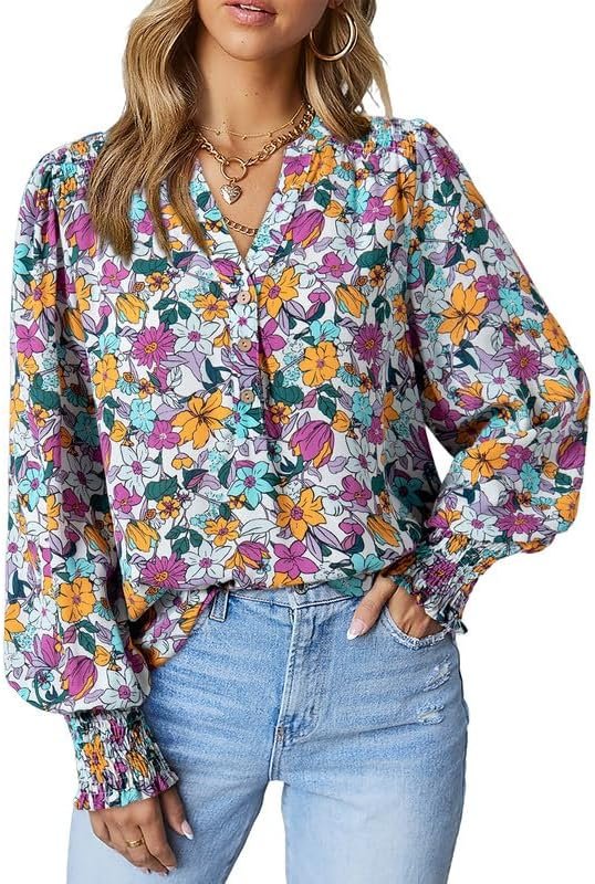 61smBoqucqL._AC Women's Casual V Neck Easel Floral Print Long Sleeve Blouses Smocked Button Down Shirts Bohemian Top