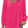Women's Long Sleeve V Neck Shirt Dressy Pleated Top Casual Loose Chiffon Blouses