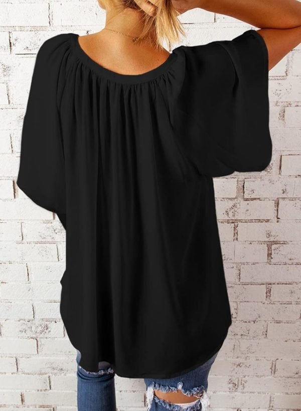 Womens Casual V Neck Loose 3/4 Bell Sleeve Chiffon Blouse Shirt Pleated Flowy Tunic Tops