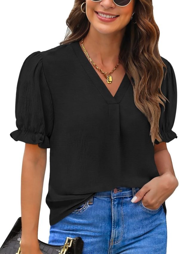 Women Dressy Casual Puff Short Sleeve Summer Tops V Neck Work Blouses