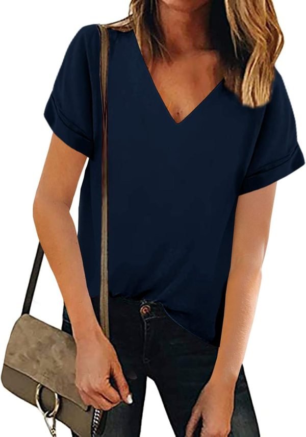Women V Neck Chiffon Blouse Short Sleeve Summer Casual Loose Shirt Tops