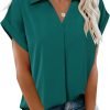 Women's Summer Work Blouse V Neck Short Sleeve Lapel Shirt Top Tunic