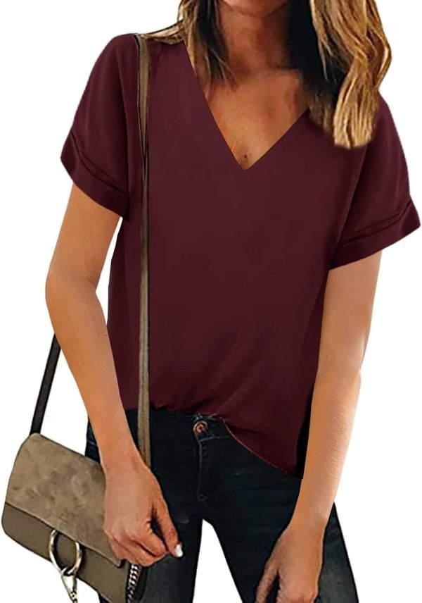 Women V Neck Chiffon Blouse Short Sleeve Summer Casual Loose Shirt Tops