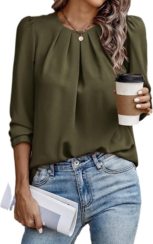 Womens Tops Dressy Casual Pleated Crew Neck Long Sleeve Shirts Office Work Chiffon Blouses