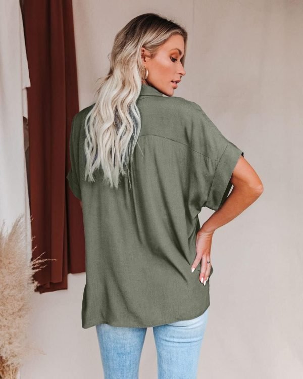 Women Chiffon Button Down Shirts with Pocket Short Sleeve Office Blouses V Neck Casual Business Tops Slim Fit Shirts