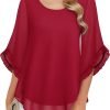 Womens 3/4 Ruffle Sleeve Tops Double Layer Chiffon Blouses Scoop Neck Flowy Tops Elegant Summer Shirt Tunic